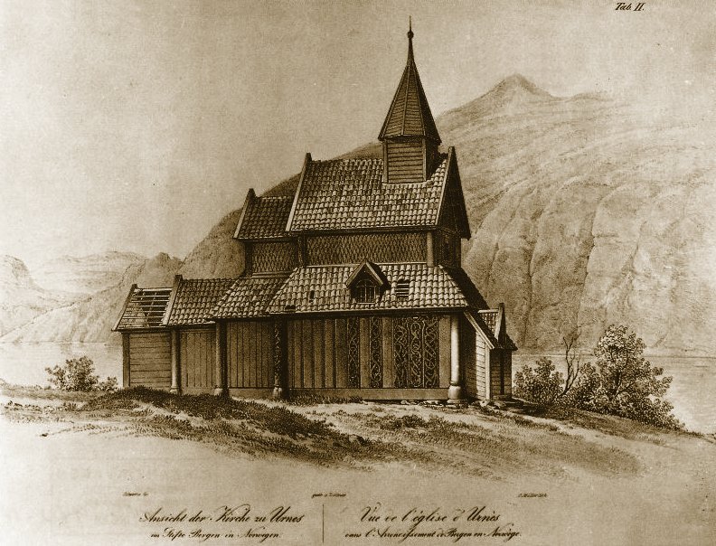 Urnes stavkirke. Tegning av F.W. Schiertz til I. C. Dahls stavkirkebok Dresden 1837, kirka er bygd omkring 1130