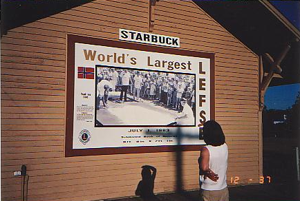 Solveig Dreyer in front of the Worlds Largest Lefse baked in StarbuckMN